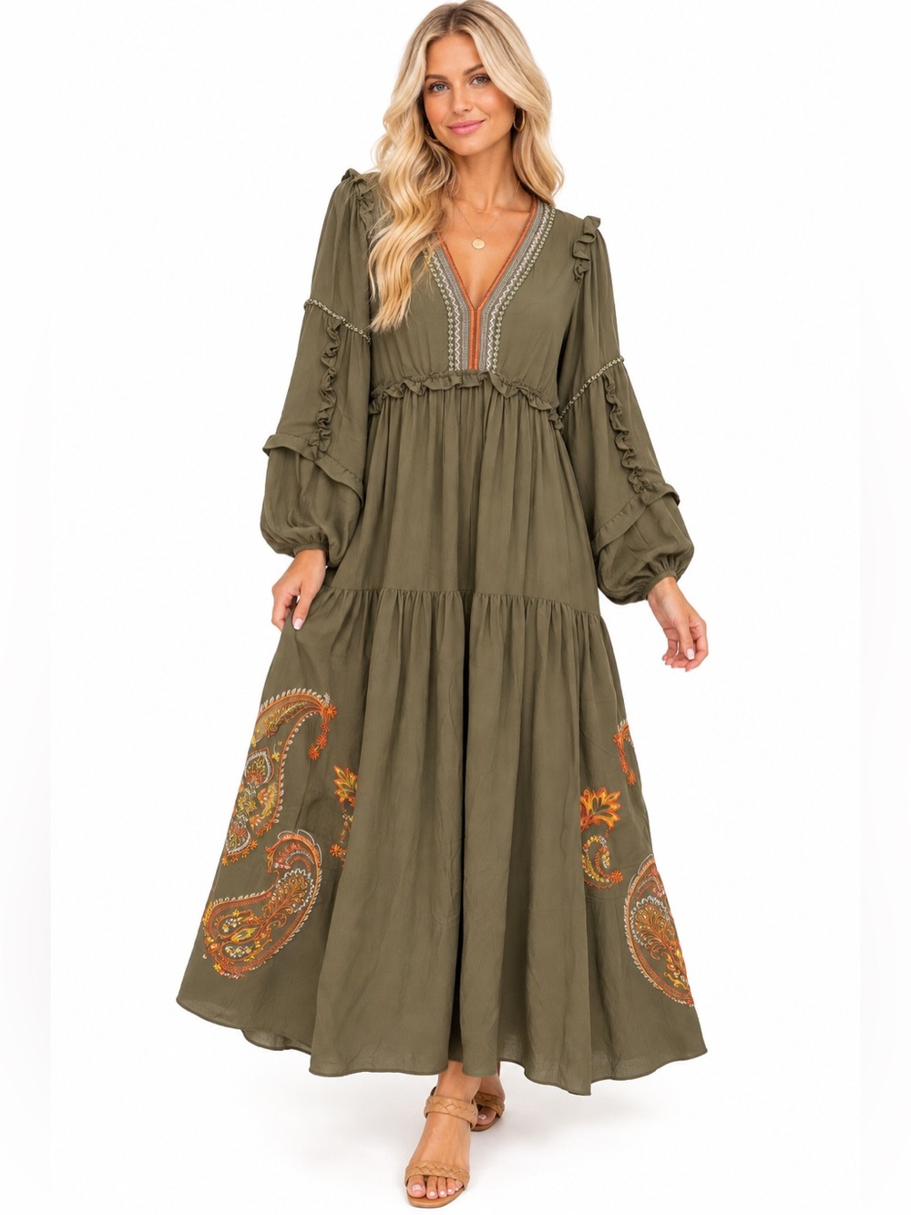 NWT Hale Bob Josephine Medium Olive Green Boho Maxi Dress with Embroidered Sides